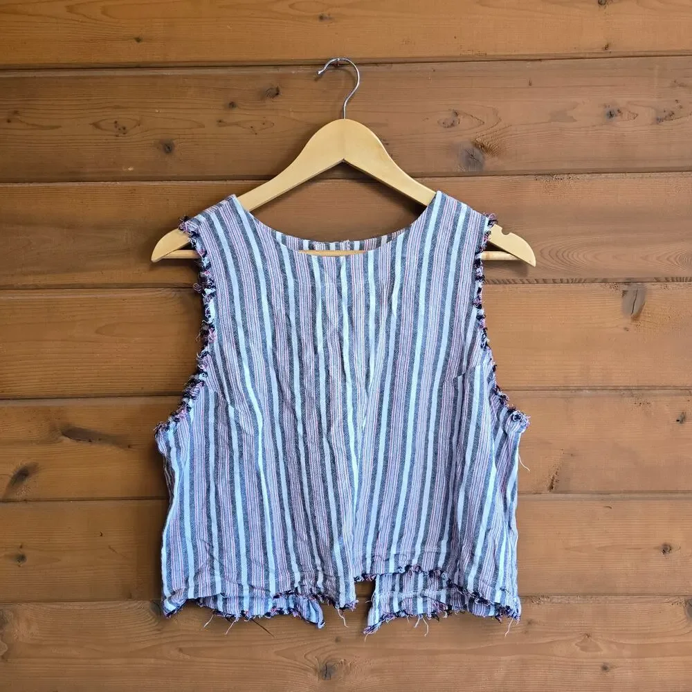 Anthropologie Tank Top Cloth & Stone Stripe Frayed Split Open Back Large Boho - Picture 2 of 5
